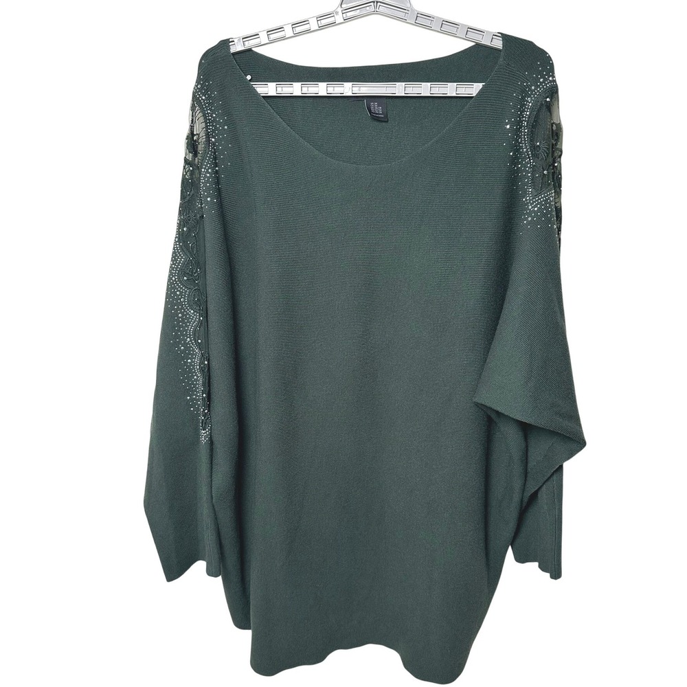 Tahari Sweater Women 3X Green Dolman Lace Rhinestone Embellished Knit Top